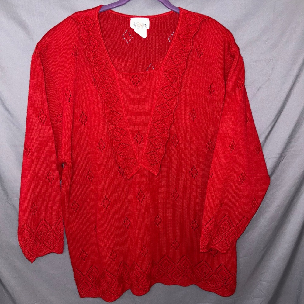 Vintage Bright Lights Red Knit Sweater Shoulder Pads Grandma 20W Made in USA